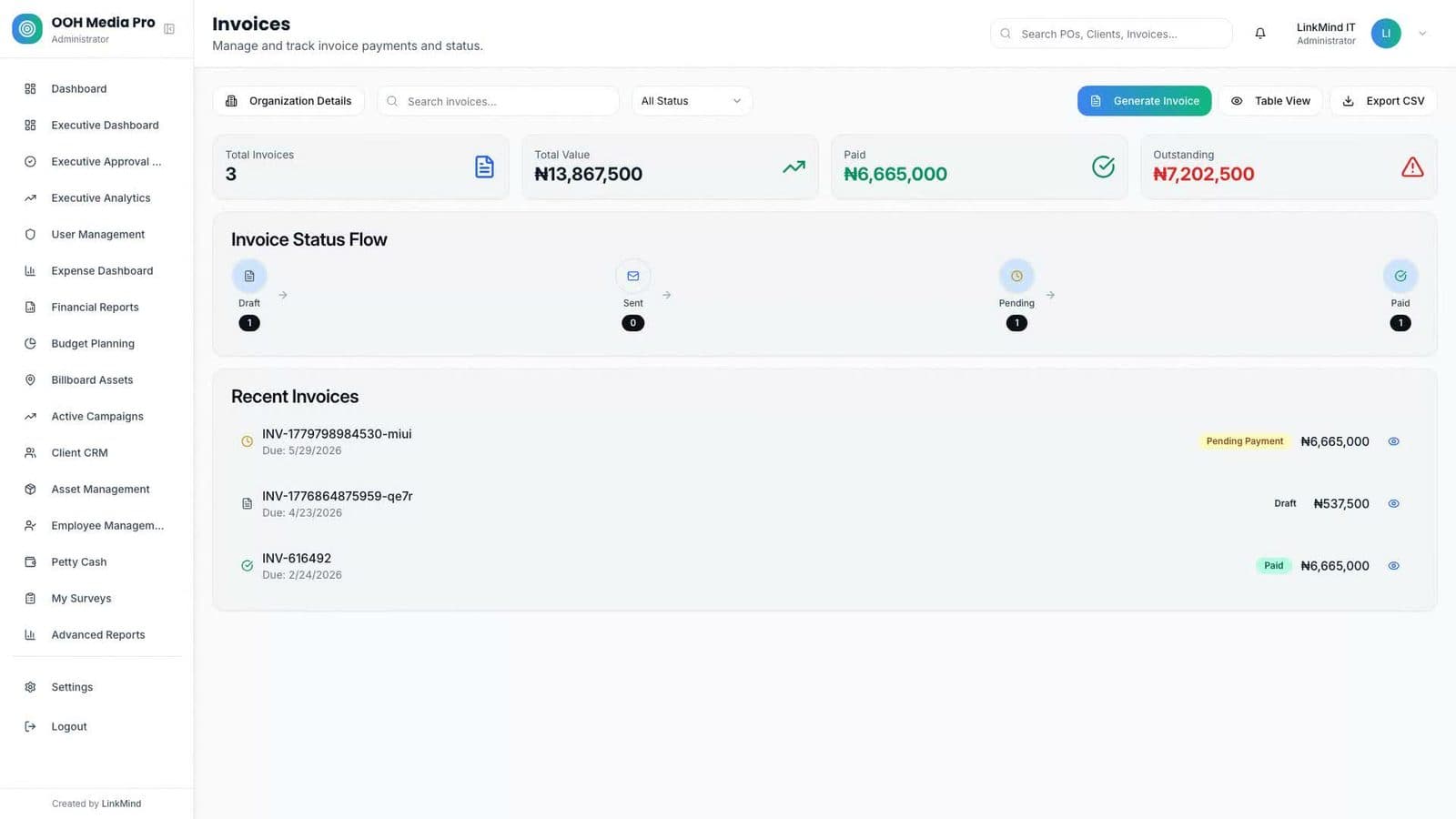 OOH Media Pro invoices screen with totals and an invoice status flow