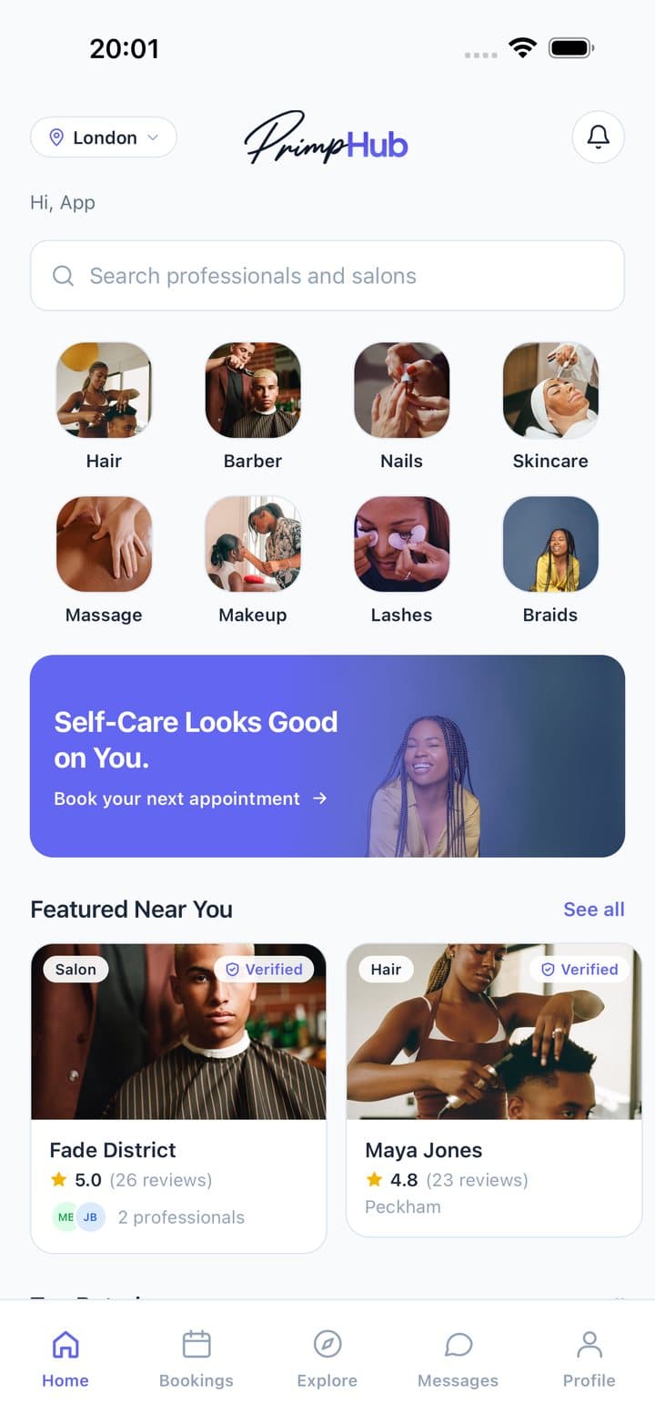 PrimpHub app home screen