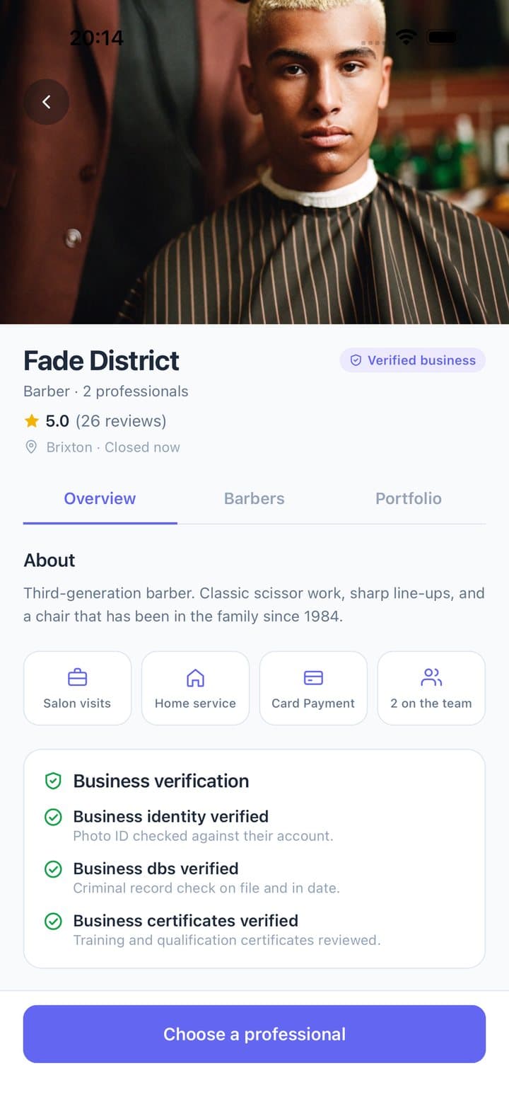 PrimpHub salon profile with verification checks and a Choose a professional button