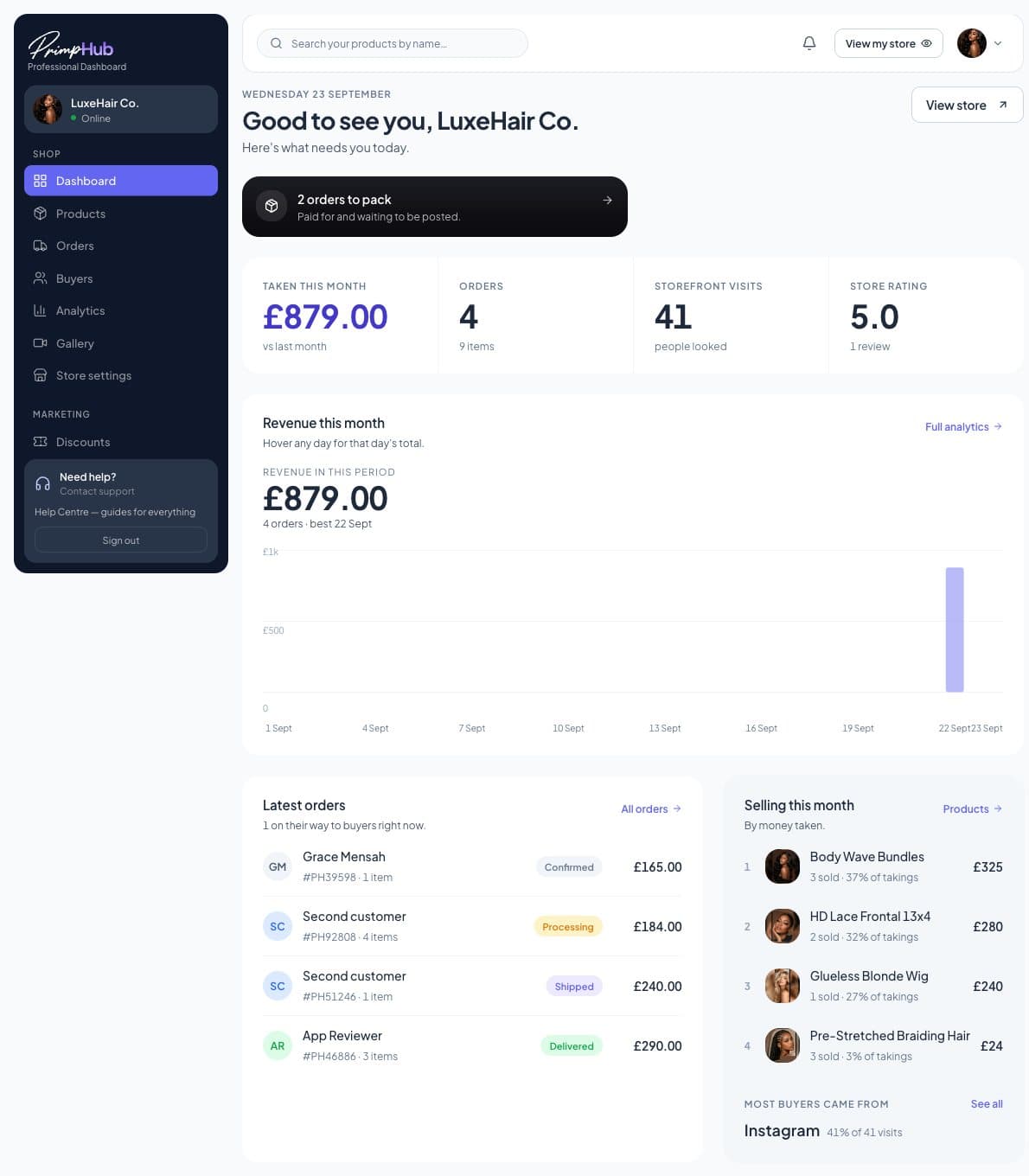 PrimpHub professional dashboard with monthly takings, orders, storefront visits and a revenue chart